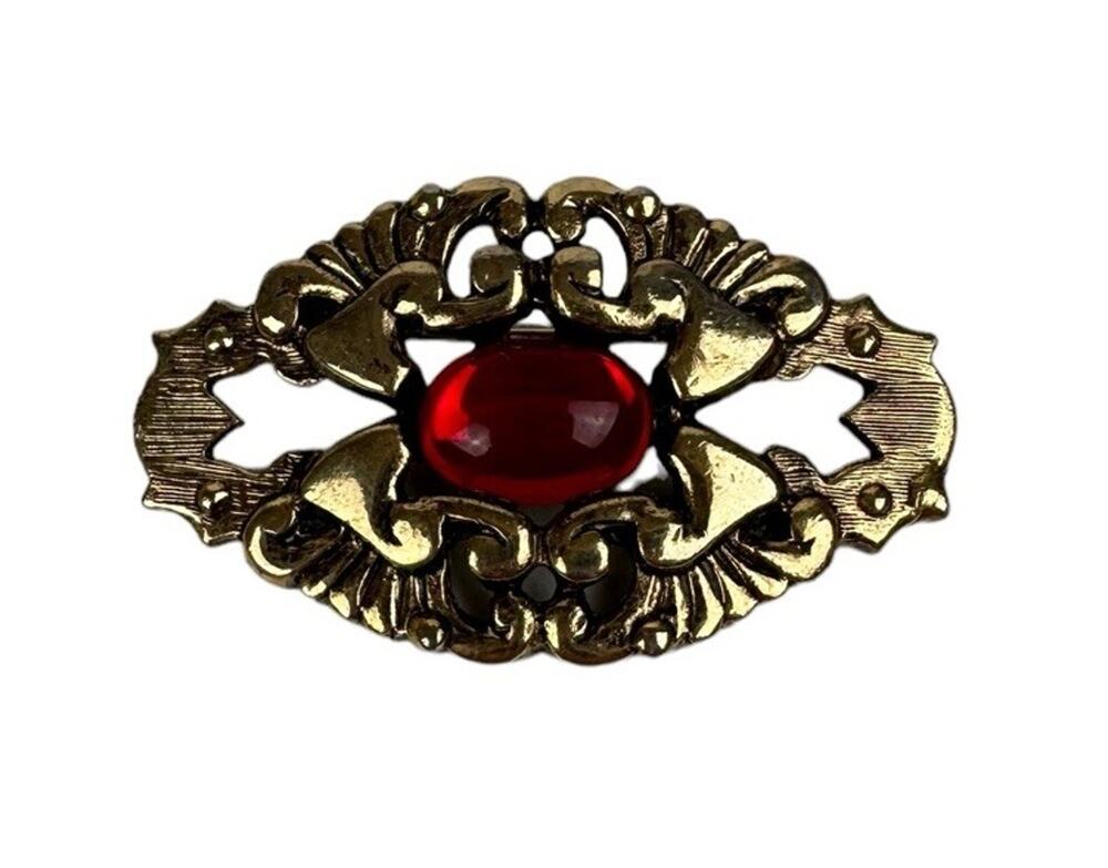Vintage Ginnie Johansen Gold Tone Openwork Metal W/ Red Cabochon Brooch Pin
